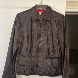 Anne Klein Dark Brown Crocodile-Embossed Leather Jacket
